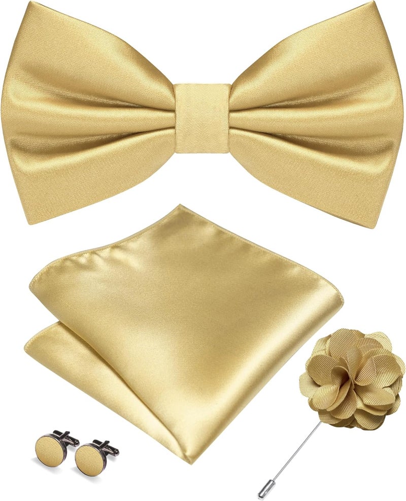 RBOCOTT Solid Color Bow Tie and Pocket Square with Lapel Pin Cufflinks Set 4PCS - Image 1